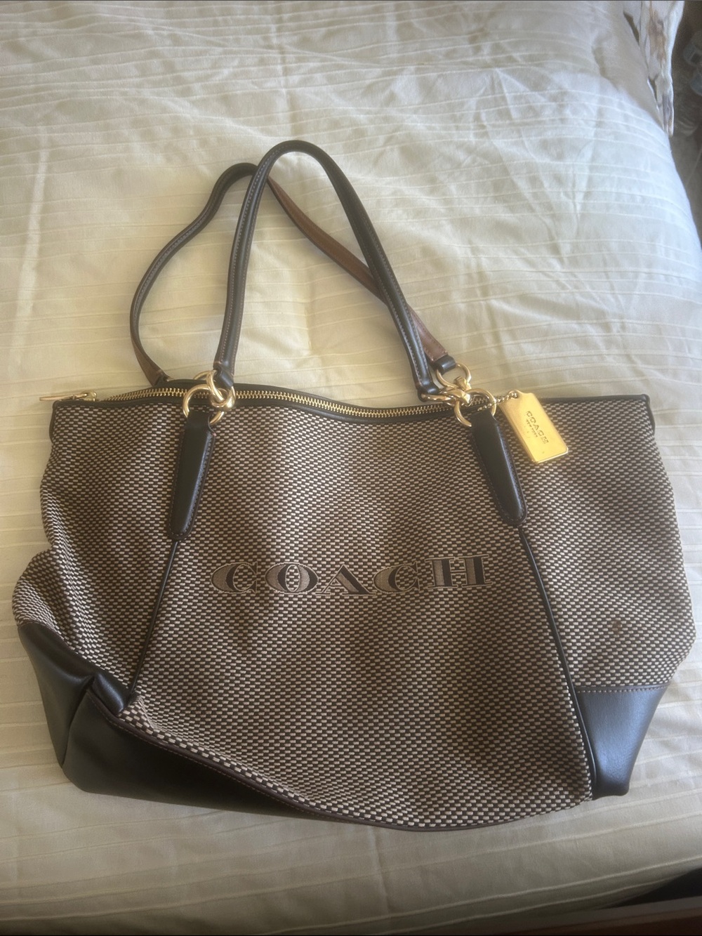 Coach Brown and Tan Logo Tote with Gold Hardware